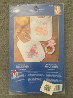 Vintage New Bucilla White Baby Bib Pair with Pink & Yellow Jungle Cross-Stitch